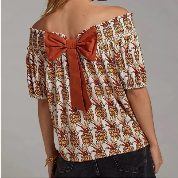 Porridge Anthropologie Pineapple Print Bow-back Off the Shoulder Shirt Large - Picture 1 of 10